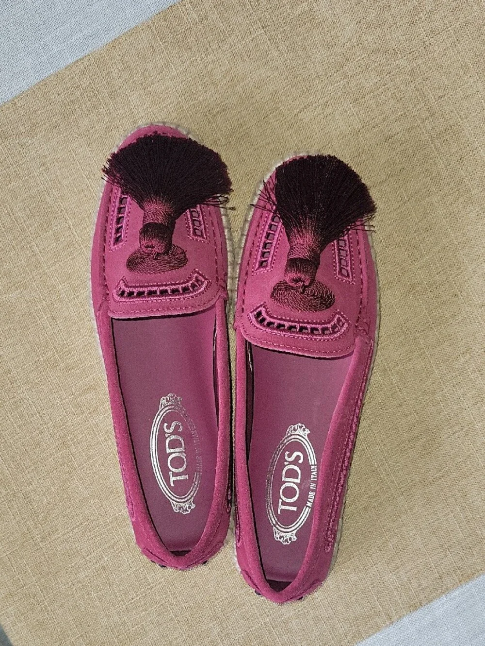 TOD'S Pink Suede Espadrille   Tassel Loafers